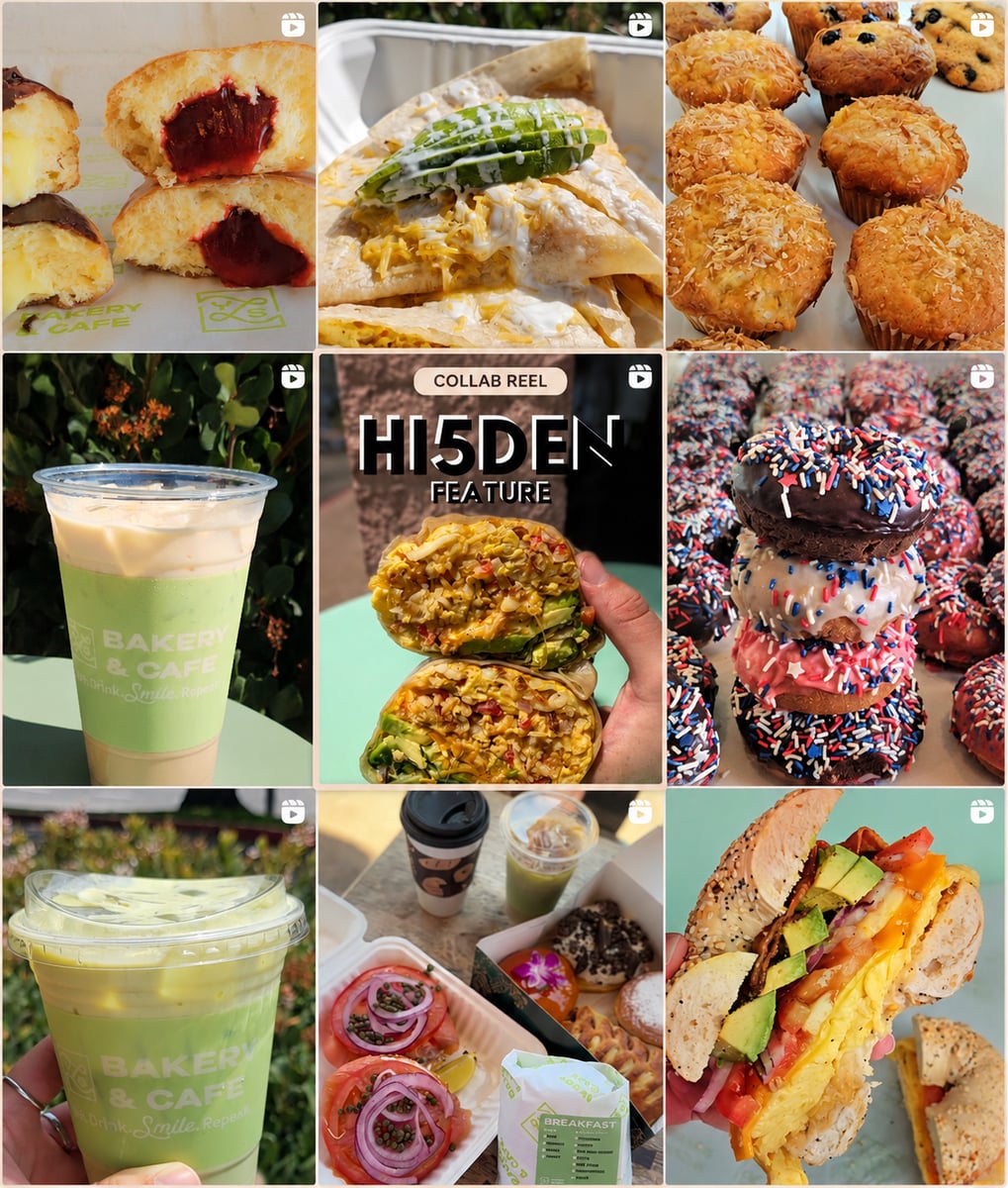 Grid of YLS Bakery & Cafe Reels including a collab feature with HI5DEN