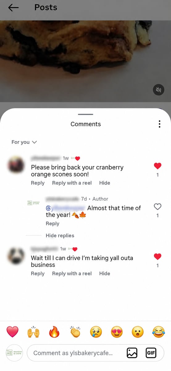 Instagram comments and replies on a YLS Bakery & Cafe post