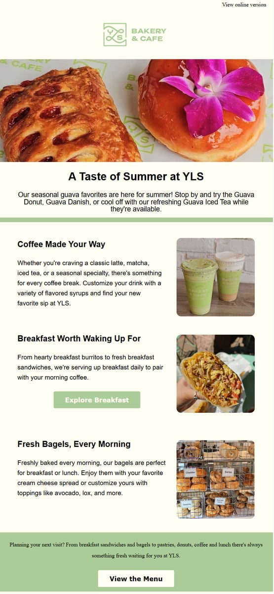 YLS Bakery & Cafe seasonal email newsletter design