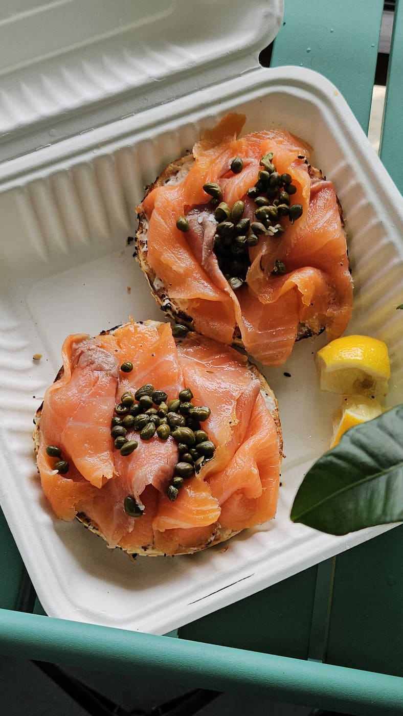 Lox bagel with capers at YLS Bakery & Cafe