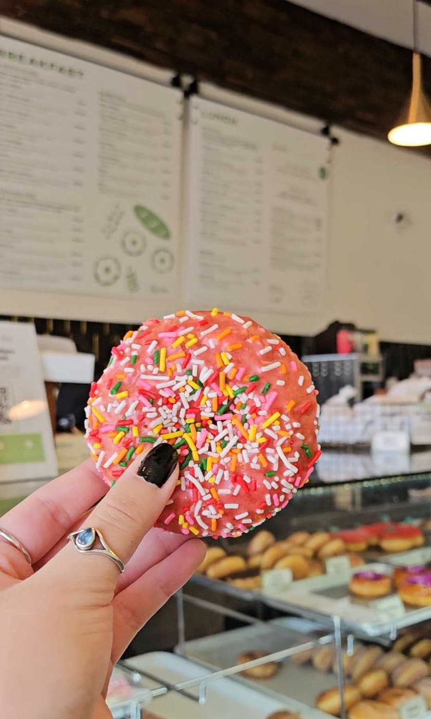 Pink sprinkle donut at YLS Bakery & Cafe